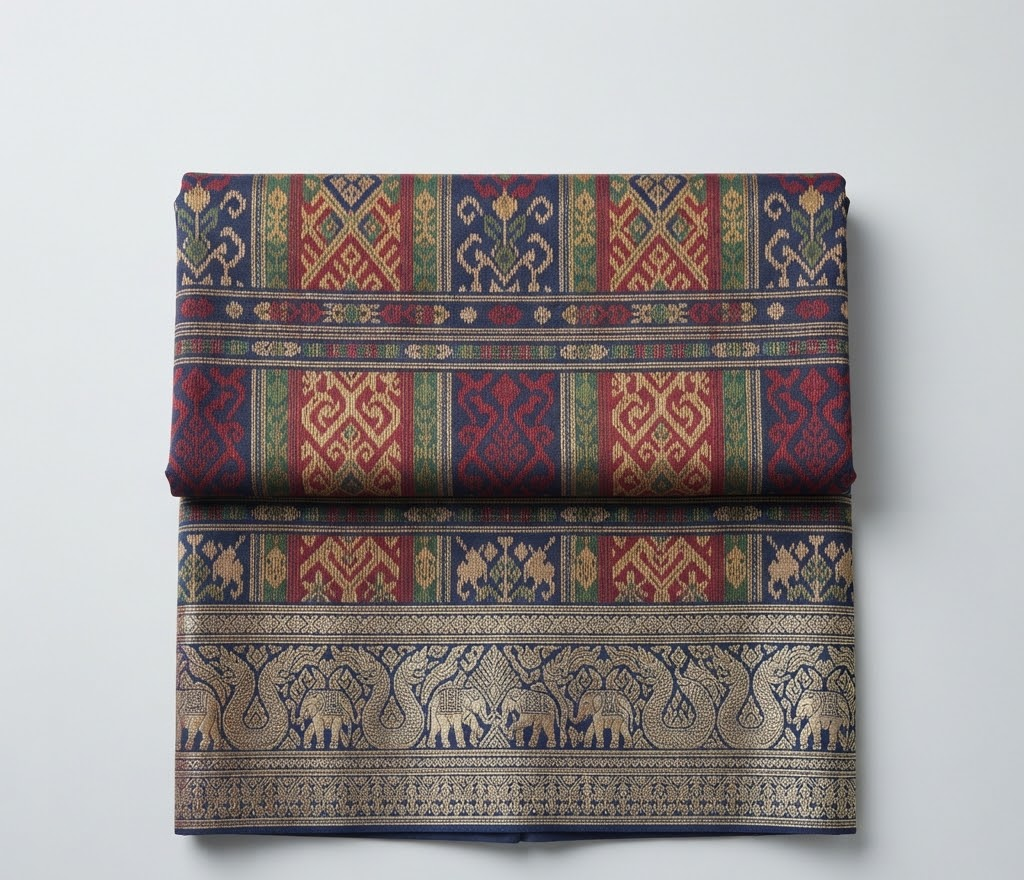 A handwoven Lao sinh, folded to show the woven border along the hem.