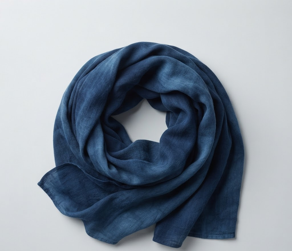 A naturally dyed indigo cotton scarf, loosely folded.