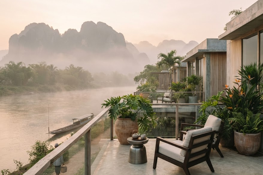 A terrace at a small modern hotel above a river in Laos at sunrise, karst hills in the mist.