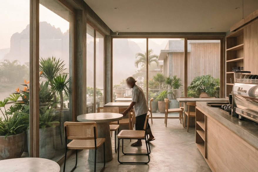 A small modern Lao café before opening, a timber counter and espresso machine, karst hills through the window.