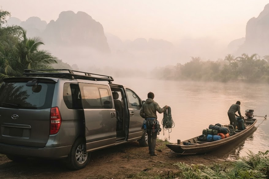 A minivan and a longtail boat being loaded at a riverbank in Laos at dawn, mist on the water.