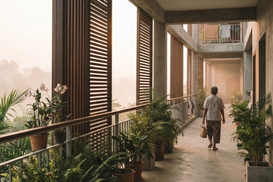 The walkway of a small modern apartment building in Vientiane, plants along the rail, a resident walking away.