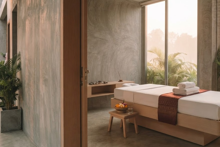 A quiet modern treatment room in Laos, fresh linen and folded towels, a window onto tropical planting.