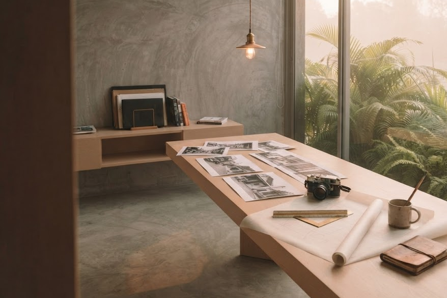 A studio desk by a window in Laos, printed photographs laid out, a camera and a roll of paper.